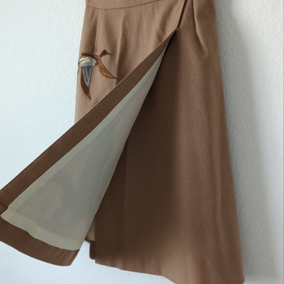 VTG Knee Length Skirt 6 Ducks Hunting Birds Mallard Brown Midi Princess Diana - Picture 4 of 11
